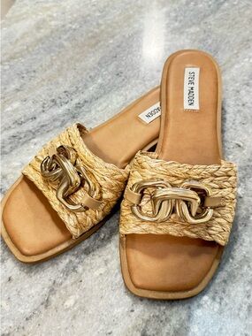Steve Madden Braided Tan Slide Sandals with Gold Chain Detail